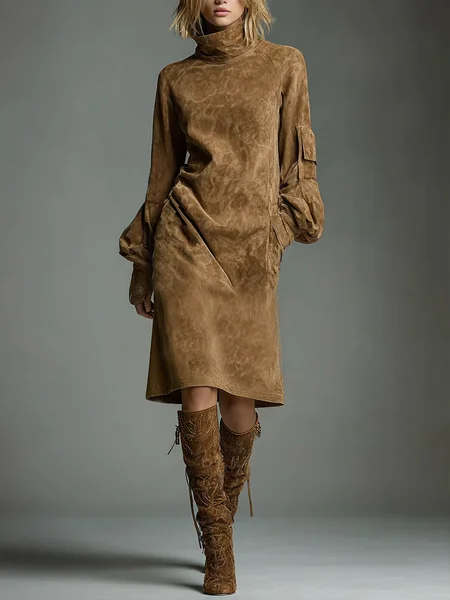 

Casual Plain Pockets Midi Dress, Brown, Midi Dresses