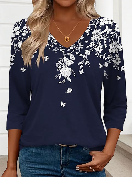 

Casual Floral V Neck Long Sleeve T-shirt, As picture, T-shirts