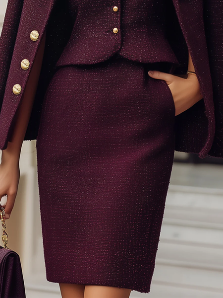 

Elegant Buttoned Plain Knee Length Skirt, Wine red, Skirts