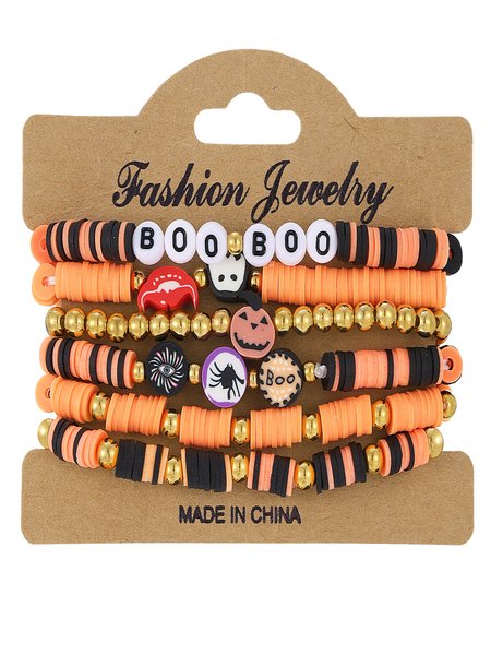 

Halloween Series Polymer Clay Orange Pumpkin Skull Bat Fashion Personality Design Bracelet Set, Color8, Bracelets