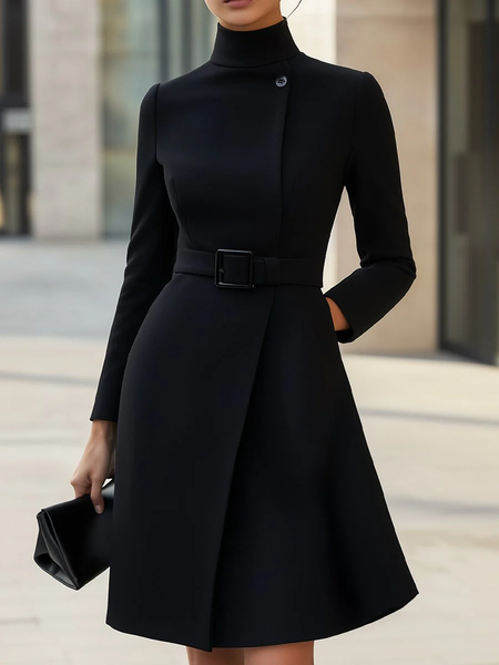 

Urban Plain Buttoned Mock Neck Midi Dress With Belt, Black, Midi Dresses