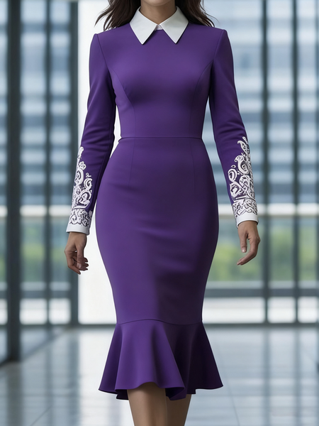 

Elegant Color Block Shirt Collar Midi Dress, Purple, Midi Dresses
