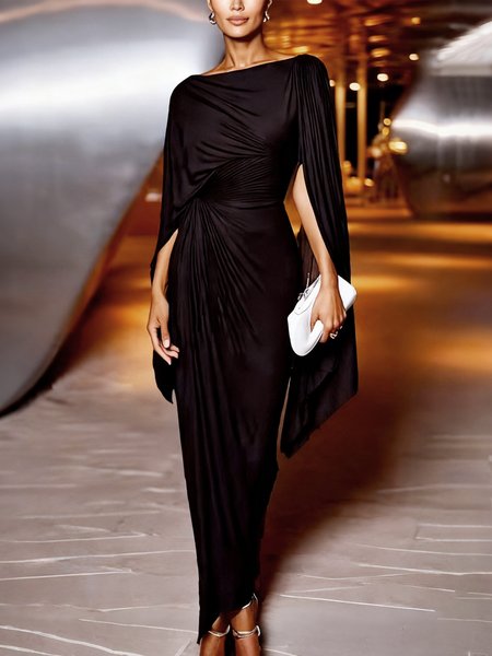 

Elegant Plain Split Sleeves Ruched Boat Neck Maxi Party Dress, Black, Maxi Dresses