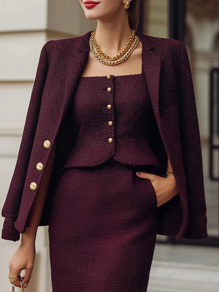 

Elegant Plain Lapel Collar Blazer With Vest, Wine red, Blazers