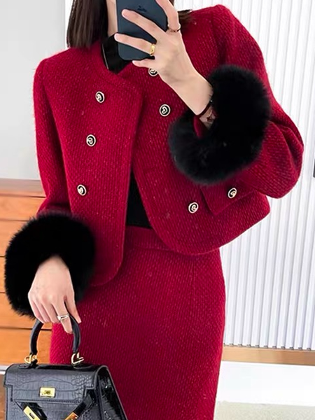 

Urban Buttoned Plain Cross Neck Jacket, Red, Jackets