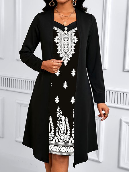 

Women Geometric Spring/Fall Dress V Neck Long Sleeve A-Line Dress, Black, Midi