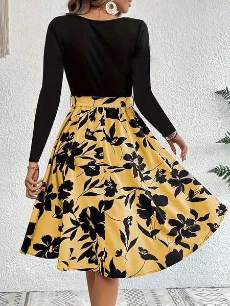 

Women Floral Long Sleeve Spring/Fall Printing Dress Crew Neck Daily Vintage Mini Tank A-Line Dress, Yellow, Dresses