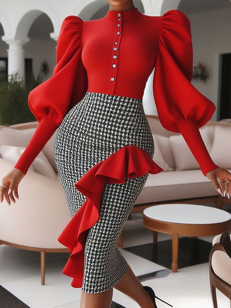 

Urban Houndstooth Puff Sleeve Peplum Stand Collar Midi Dress, Red, Midi Dresses