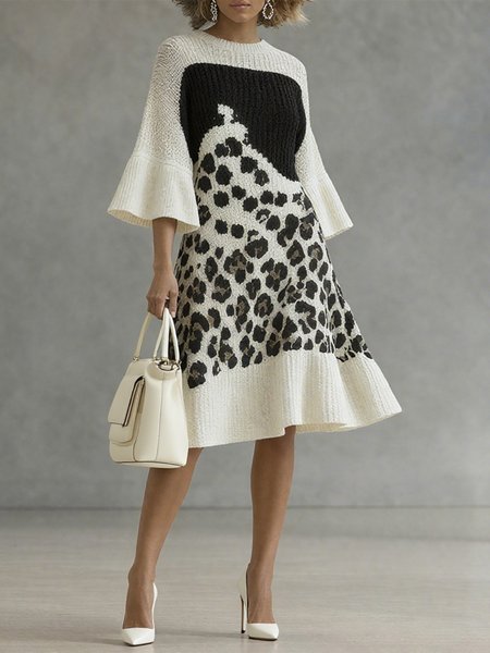 

Elegant Color Block Bell Sleeve Crew Neck Sweater Midi Dress, Black-white, Midi Dresses