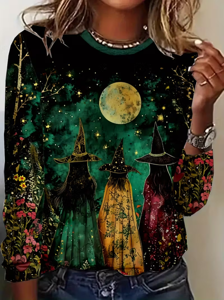 

Women Halloween Long Sleeve Tee T-shirt Crew Neck Printing Casual Spring/Fall Graphic Tee Top, Black, T-Shirts