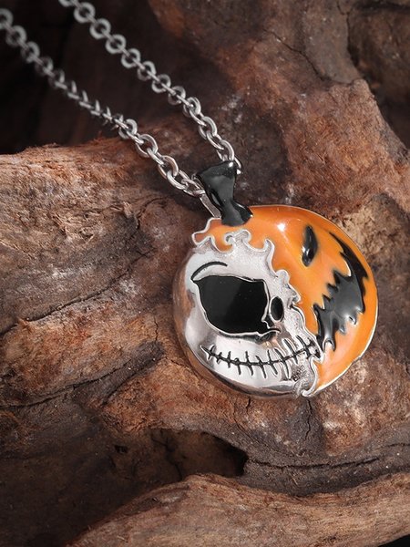 Creative Two-color Splicing Halloween Pendant Necklace Sterling Silver Epoxy Personality Double-sided Pumpkin Skull Electroplated Necklace