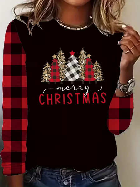 

Women Plaid Long Sleeve Tee T-shirt Crew Neck Printing Casual Spring/Fall Graphic Tee Top, Black, T-Shirts