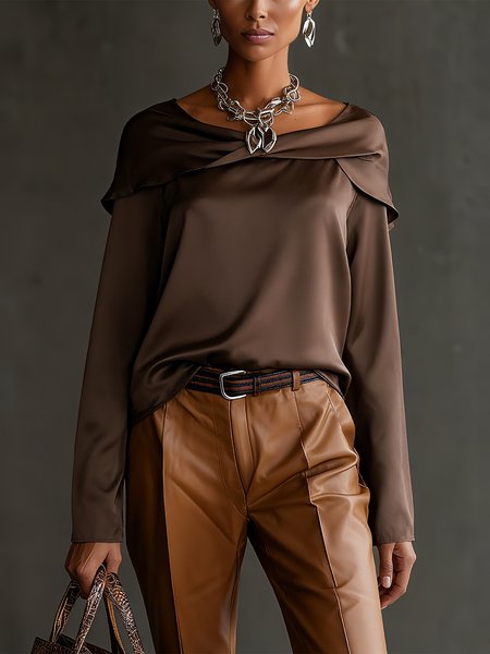 

Satin Elegant Plain Asymmetric Crew Neck Blouse, Brown, Blouses and Shirts