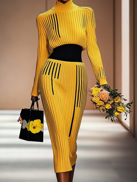 

Elegant Color Block Turtleneck Sweater Midi Dress, Yellow, Midi Dresses