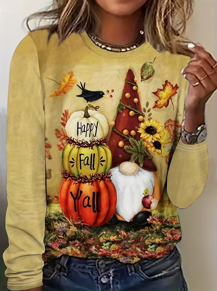 

Women Maple Leaf Long Sleeve Tee T-shirt Crew Neck Printing Casual Spring/Fall Graphic Tee Top, Yellow, T-Shirts