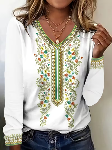 

Women Floral Long Sleeve Tee T-shirt V Neck Printing Casual Spring/Fall Graphic Tee Top, White, T-Shirts