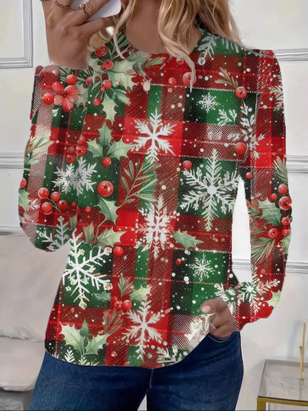 

Women Christmas Long Sleeve Tee T-shirt Crew Neck Printing Casual Spring/Fall Graphic Tee Top, Red, T-Shirts