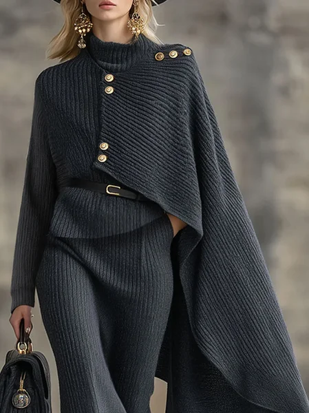 

Yarn/Wool Yarn Urban Color Block Buttoned Mock Neck Sweater, Deep gray, Pullovers