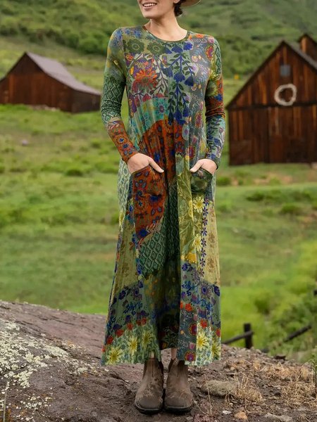 

Women Geometric Summer Dress Crew Neck Long Sleeve H-Line Dress, Dark green, Dresses