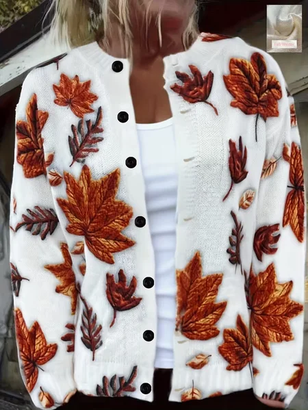 

Women Maple Leaf Printing Long Sleeve Crew Neck Vintage Spring/Fall Cardigan Outerwear, White, Cardigans