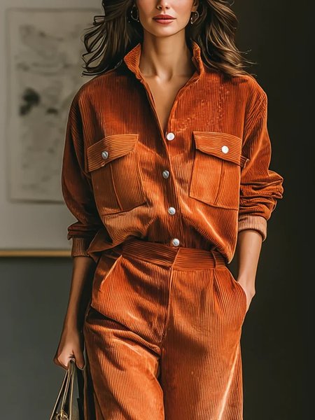 

Corduroy Urban Plain Buttoned Shirt, Orange, Blouses and Shirts