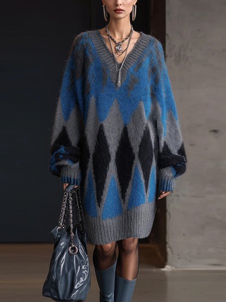 

Urban Color Block V Neck Midi Sweater Dress, Blue, Midi Dresses