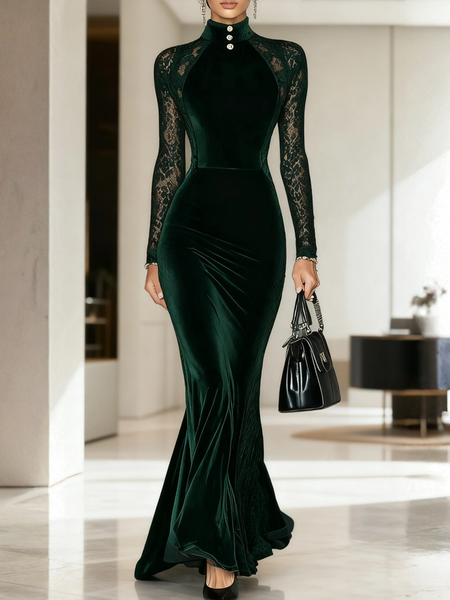 

Elegant Plain Stand Collar Maxi Dress, Green, Maxi Dresses
