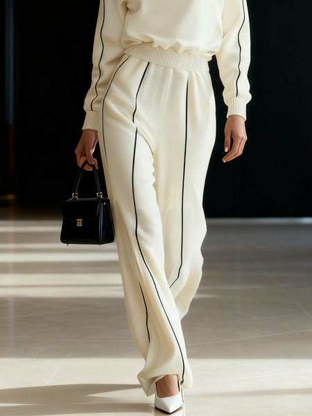 

Casual Color Block Straight Sweater Pants, White, Pants