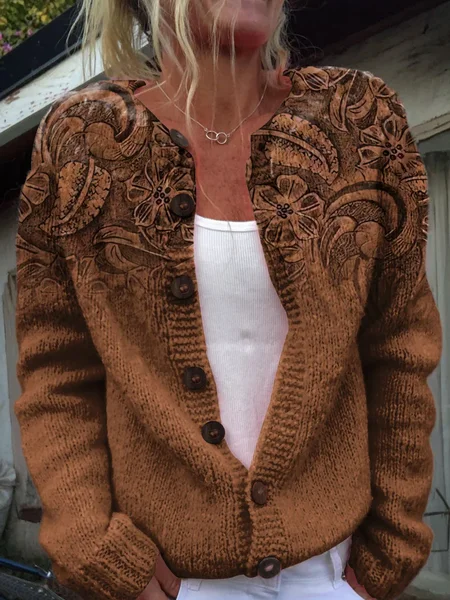 

Women Floral Printing Long Sleeve Crew Neck Vintage Spring/Fall Cardigan Outerwear, Brown, Cardigans