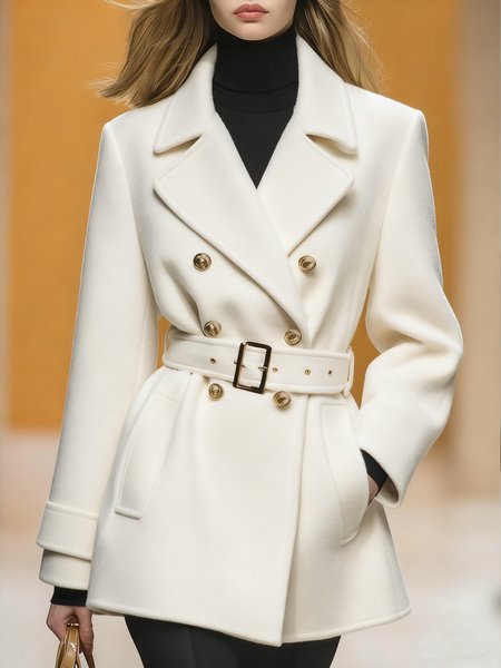 

Urban Buttoned Plain Lapel Collar Woolen Coat With Belt, White, Coats