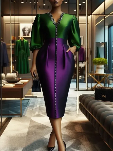 Elegant Color Block Puff Sleeve Split Joint V Neck Party Midi Dress