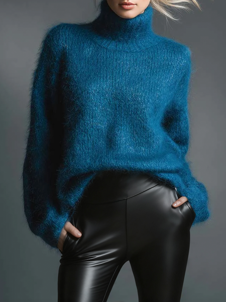 

Casual Plain Turtleneck Sweater, Blue, Pullovers