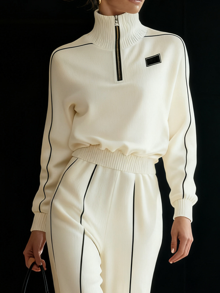 

Casual Color Block Stand Collar Sweater, White, Pullovers
