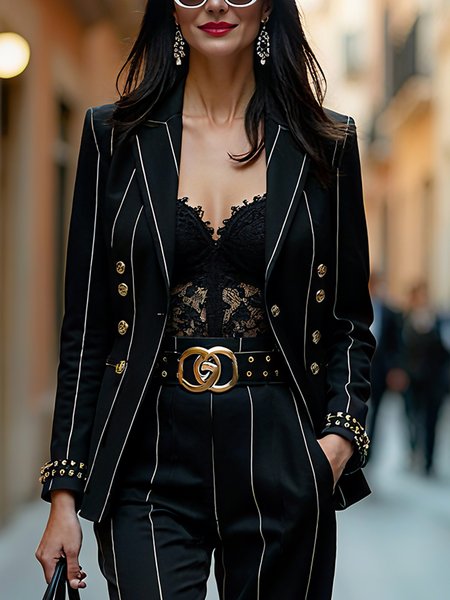 

Urban Buttoned Striped Lapel Collar Blazer, Black-white, Blazers
