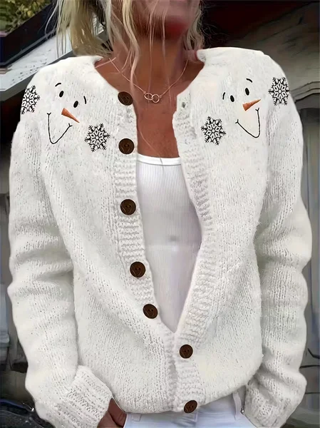 

Women Christmas Snowman Printing Long Sleeve Crew Neck Vintage Spring/Fall Cardigan Outerwear, White, Cardigans