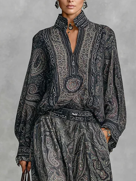 

Casual Paisley Balloon Sleeve Blouse, Gray, Blouses and Shirts