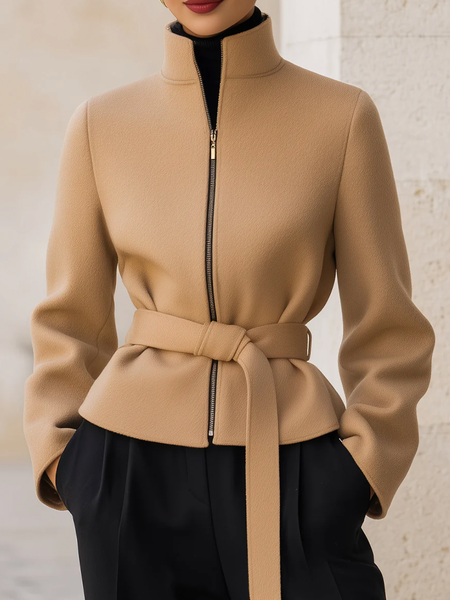 Urban Plain Stand Collar Jacket With Belt