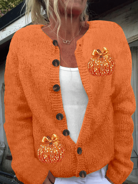 

Women Halloween (pumpkin) Printing Long Sleeve Crew Neck Vintage Spring/Fall Cardigan Outerwear, Orange, Cardigans