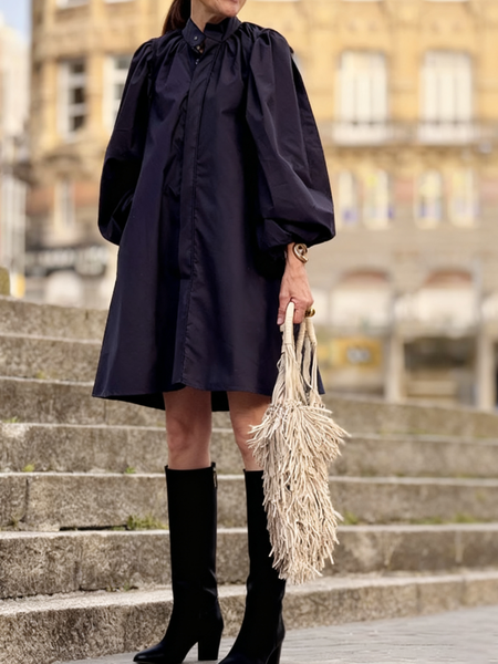 

Casual Plain Stand Collar Knee Length Dress, Black, Midi Dresses