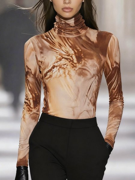 

Urban Abstract Printing Turtleneck T-shirt, Brown, Tees