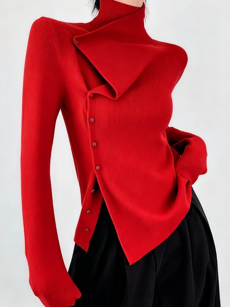 

Knitted Casual Plain Buttoned Asymmetrical T-shirt, Red, Tees