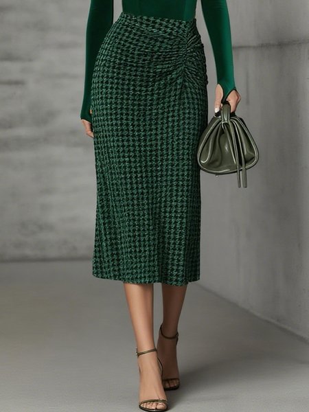 

Urban Ruched Houndstooth Midi Skirt, Green, Skirts
