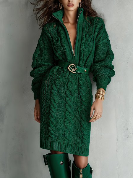 Urban Plain Zipper Mock Neck Midi Sweater Dress No Belt