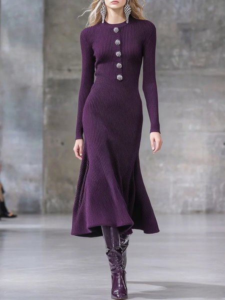 

Elegant Plain Buttoned Crew Neck Sweater Dress, Purple, Midi Dresses