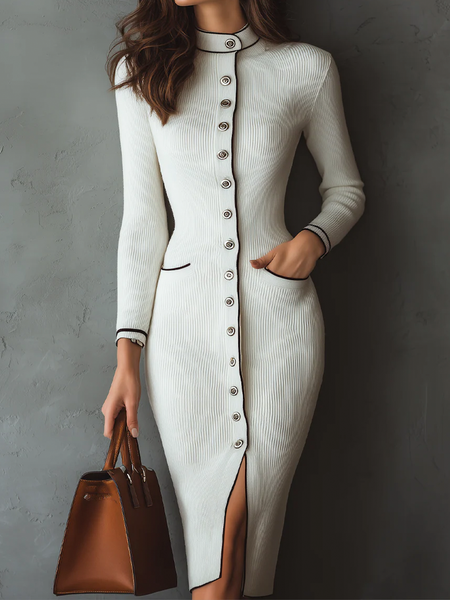 

Elegant Color Block Stand Collar Midi Dress, Black-white, Midi Dresses