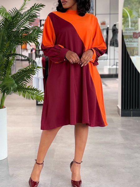 

Urban Color Block Stand Collar Knee Length Dress, Orange, Midi Dresses