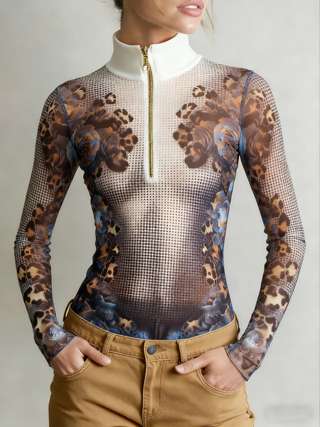 

Urban Floral Printing Stand Collar T-shirt, As picture, Tees
