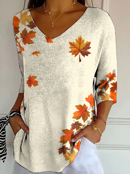 

Women Maple Leaf Three Quarter Sleeve Tee T-shirt V Neck Printing Casual Spring/Fall Graphic Tee Top, Apricot, T-Shirts