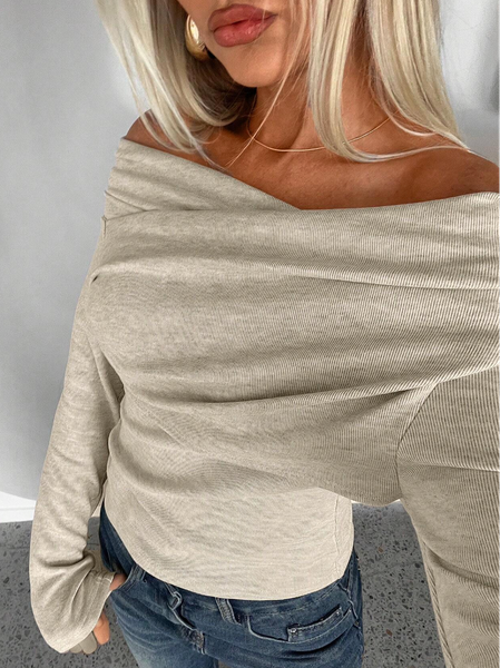 

Knitted Urban Plain Cross Off The Shoulder T-shirt, Apricot, Tees
