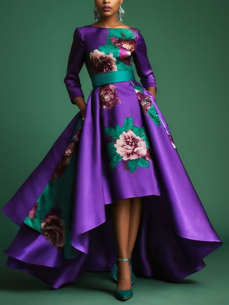 

Elegant Floral Printing Boat Neck Midi Party Dress, As picture, Maxi Dresses